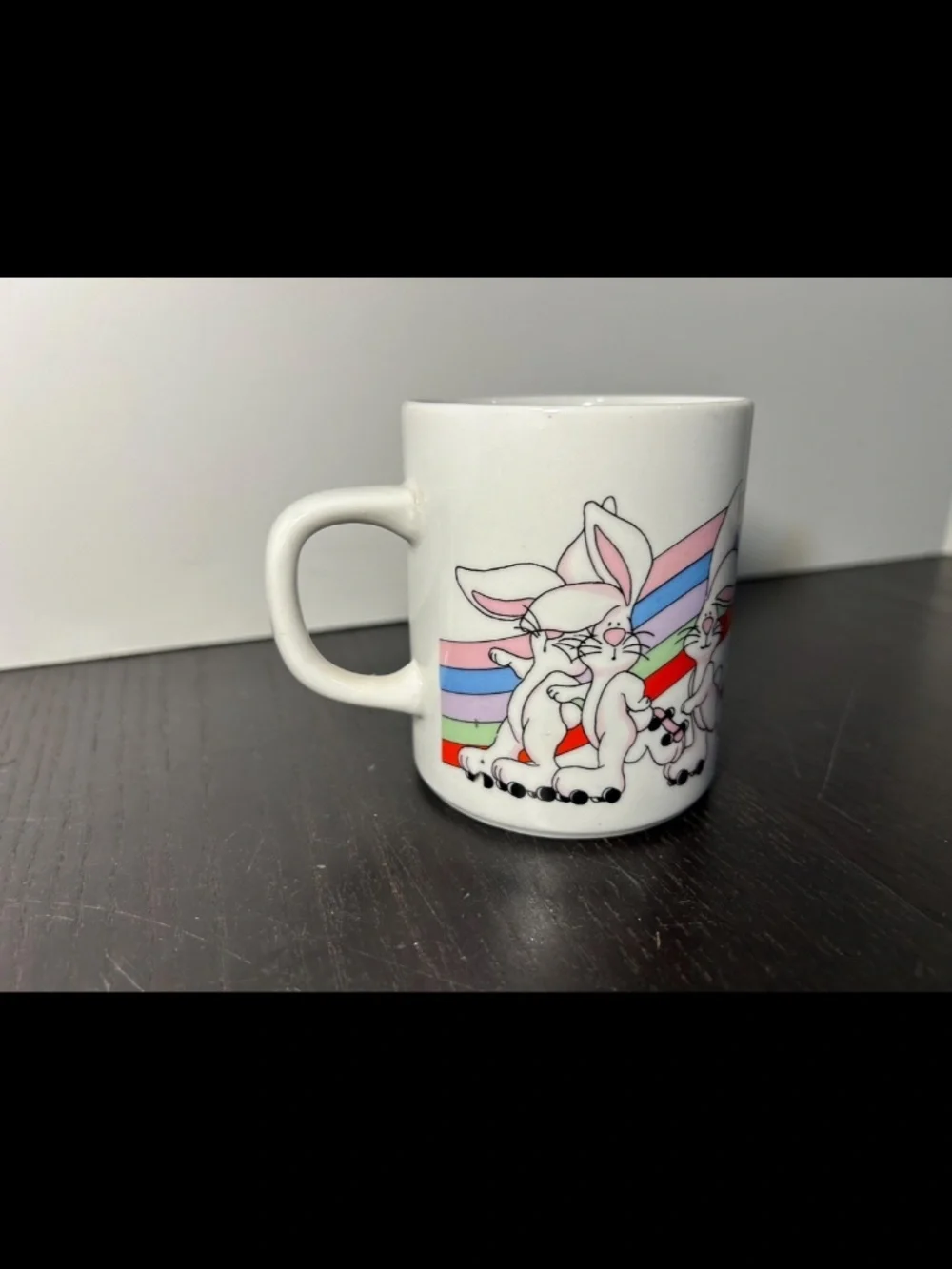 Vintage Roller Skating Bunnies/Rabbits with Rainbow Coffee Mug/Coffee Cup 1980s